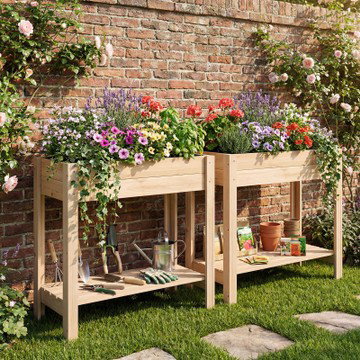 Costway Wooden Raised Garden Bed with Legs, Storage Shelf, Liner, Drainage for Backyard
