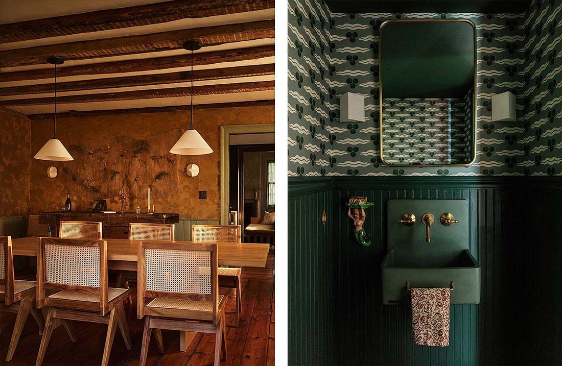 Dining rom with faux burl wood walls; bathroom with green wallpaper and sink Dining rom with faux burl wood walls; bathroom with green wallpaper and sink