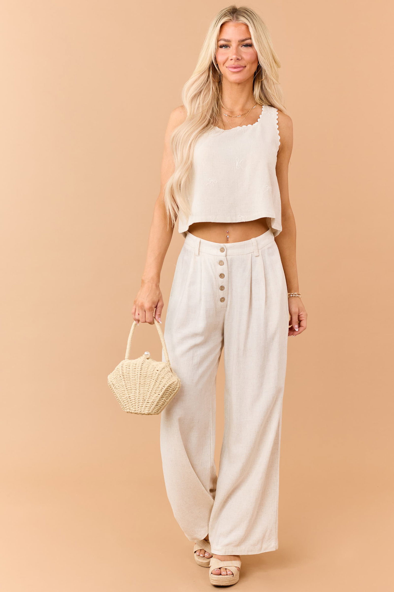 Almond Linen Blend Embroidered Ribbon Tank Top
