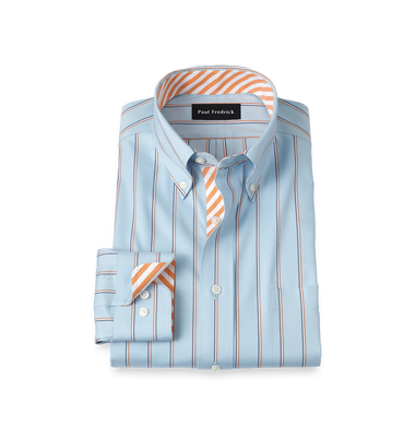Comfort Stretch Non-Iron Stripe Dress Shirt With Contrast Trim - Blue/melon-Classic Fit / 16.5 / 34