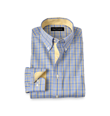 Non-Iron Cotton Glen Plaid Dress Shirt With Contrast Trim - Blue/yellow-Classic Fit / 16 / 32