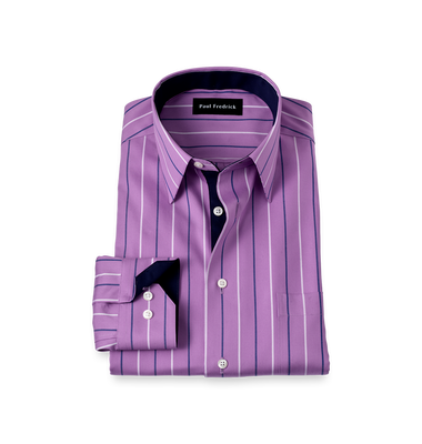 Non-Iron Cotton Stripe Dress Shirt With Contrast Trim - Purple-Classic Fit / 17.5 / 34