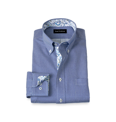 Non-Iron Cotton Geometric Dress Shirt With Contrast Trim - Blue-Classic Fit / 16.5 / 35