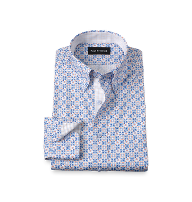 Comfort Stretch Non-Iron Medallion Dress Shirt With Contrast Trim - Blue/melon-Classic Fit / 16.5 / 34