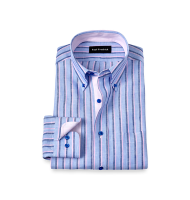 Non-Iron Linen Stripe Dress Shirt With Contrast Trim - Blue/pink-Classic Fit / 17 / 35