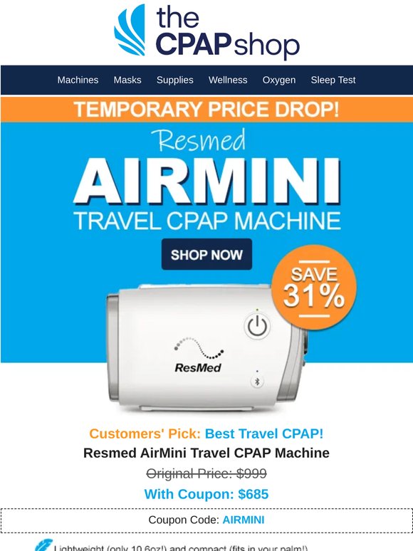 Sunday Price Drop! 📢 Resmed AirMini ONLY $685 (31% Off!) + 20% Off Supplies—Limited Time Offer