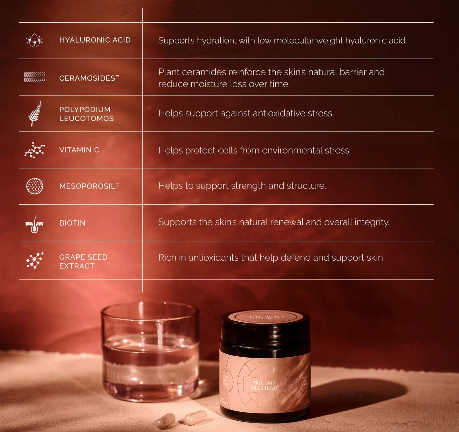 A table showing the 7 unique ingredients found in True Skin Alchemy, including Hyaluronic Acid, Polypodium Leucotomos and Vitamin C
