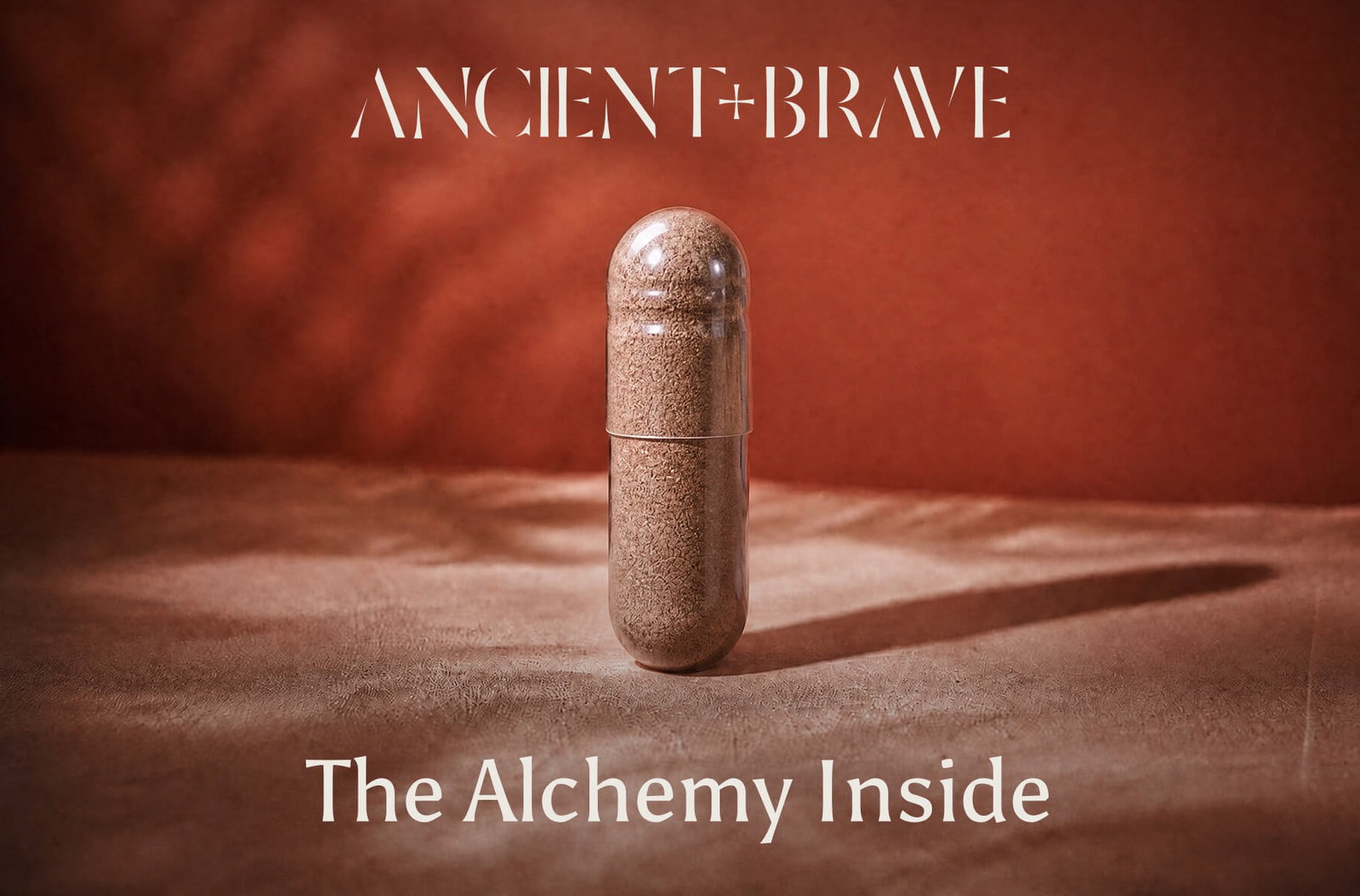 Ancient + Brave campaign image of a single supplement capsule on a terracotta surface with the tagline "The Alchemy Inside."