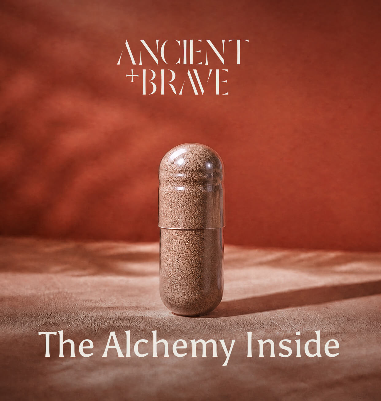 Ancient + Brave campaign image of a single supplement capsule on a terracotta surface with the tagline "The Alchemy Inside."