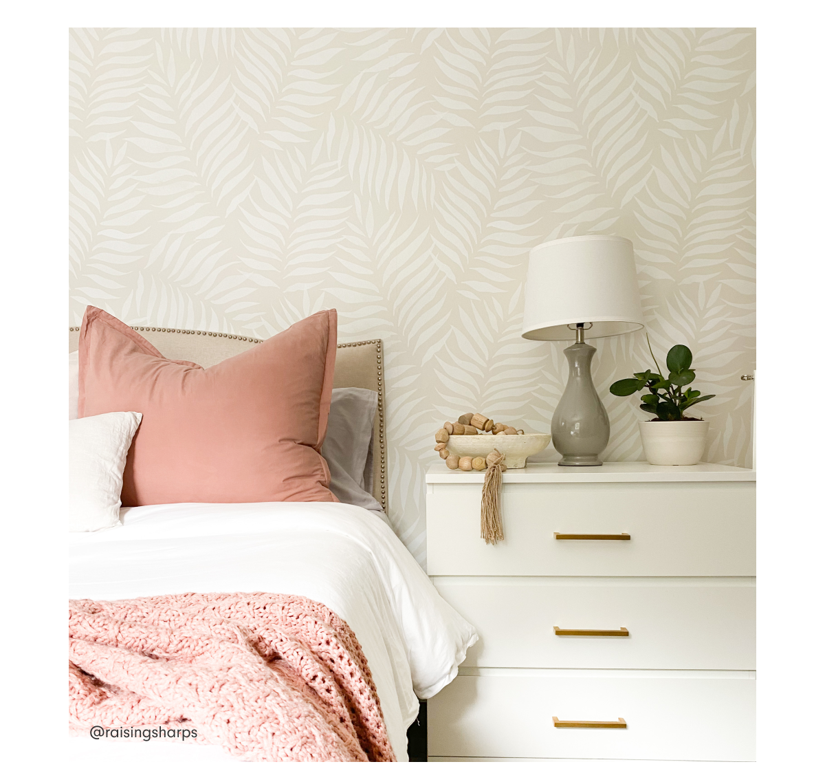 Patterned Fronds wallpaper in a peaceful bedroom