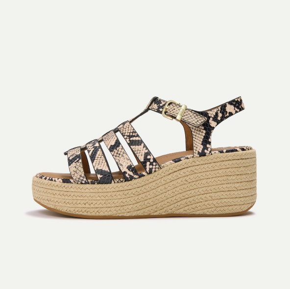 PLATFFORMS Leather Espadrille Wedge Sandals - Taupe Snake