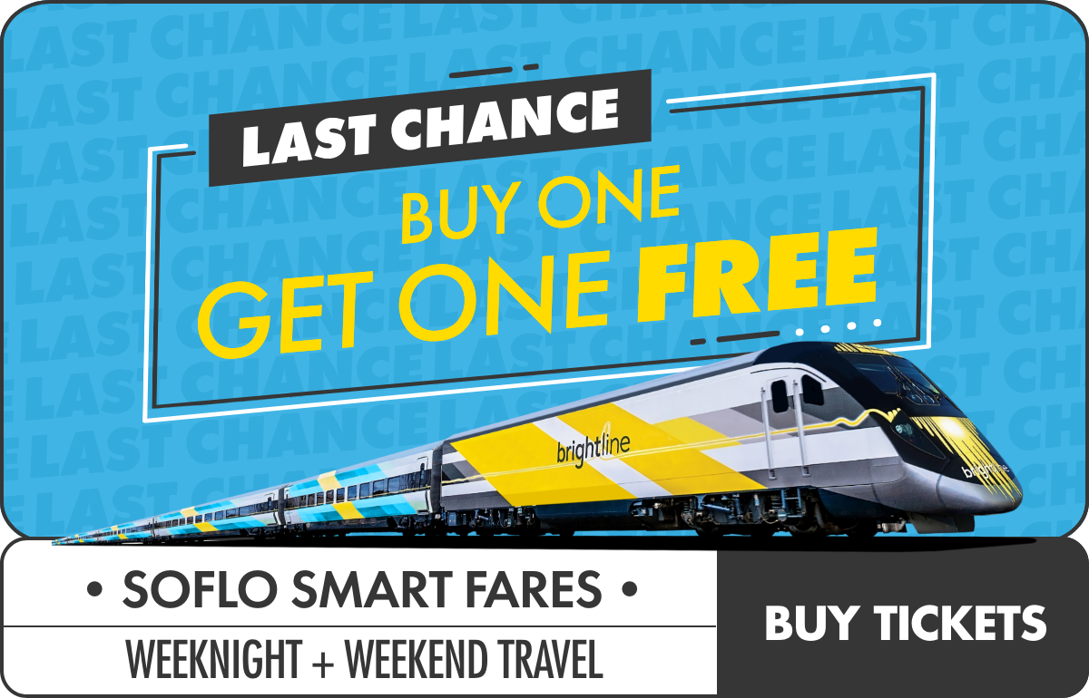 Promotional graphic advertising a train travel deal with a modern high-speed train shown in motion. The main headline reads "LAST CHANCE" and "BUY ONE GET ONE FREE" in bold yellow and white text on a blue background. Additional text highlights "SOFLO SMART FARES" and "WEEKNIGHT + WEEKEND TRAVEL" with a call-to-action button that says "BUY TICKETS." The word "brightline" appears on the side of the train, and the repeated background text emphasizes the urgency of the last chance offer.