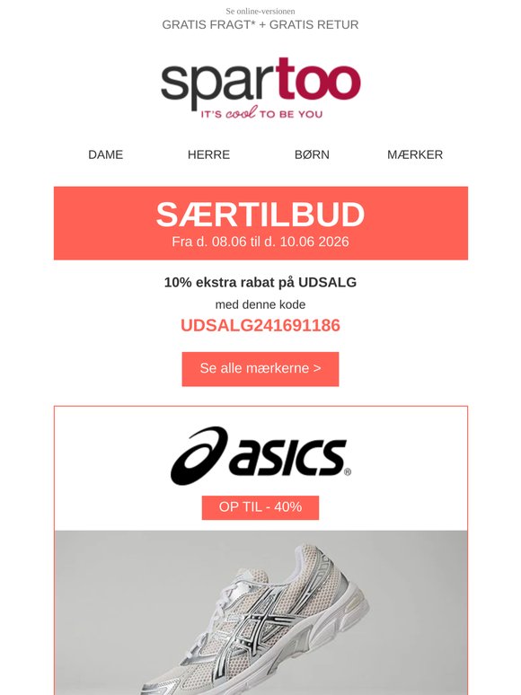 🥁 Nyd godt af -60% rabat og -10% ekstra rabat på Asics, Clarks, Camper, Levi's, Betty London, Fred Perry, Diesel, Pieces og Tann's: tidsbegrænset tilbud med gratis fragt!