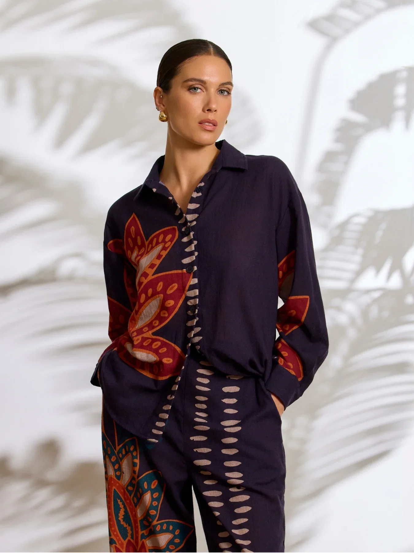 Image of Printed Linen Rina Top - Razu Navy