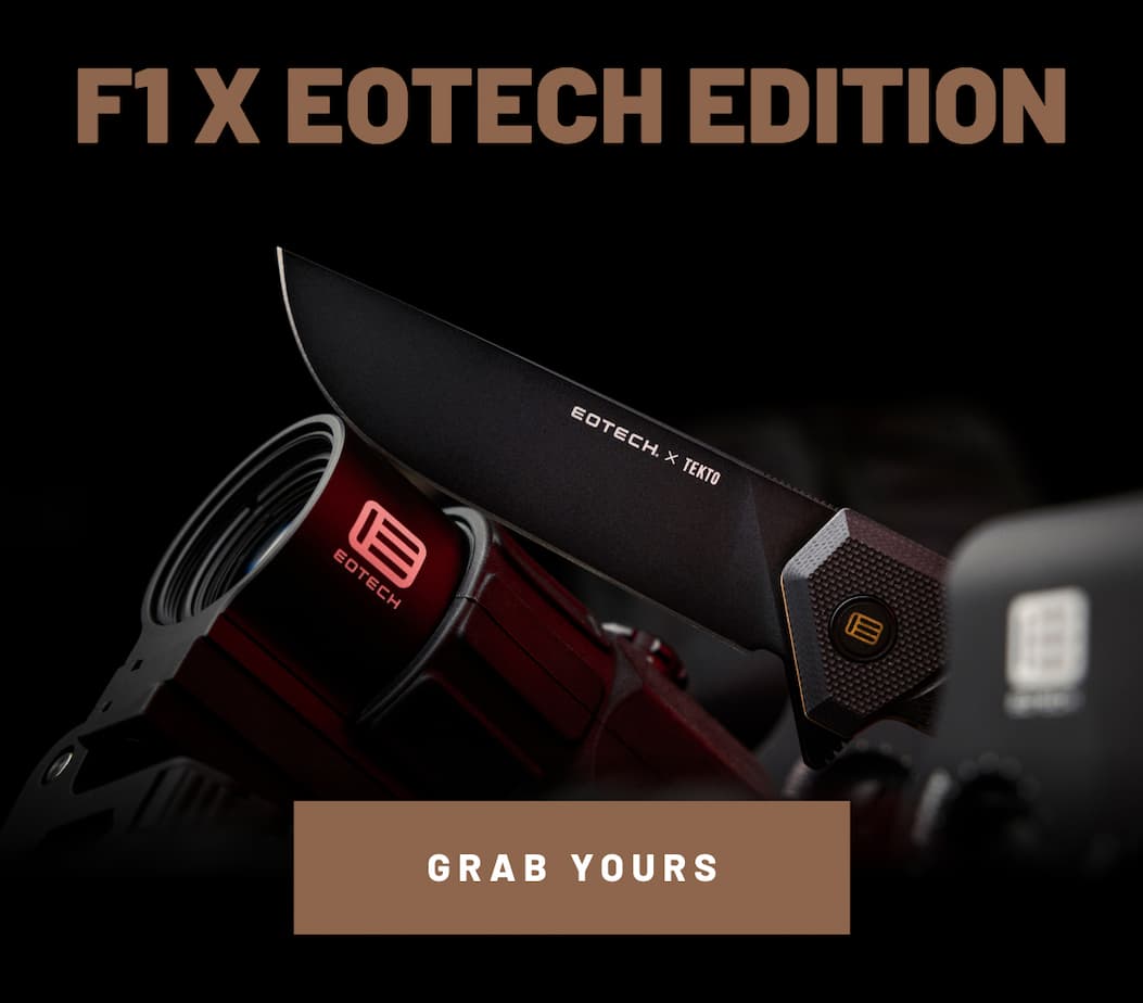 F1 x EOTECH collaboration folding knife with black blade and bronze accents