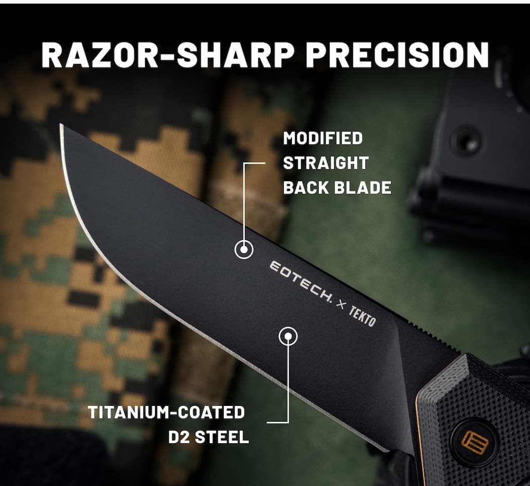 F1 x Eotech Folding knife with Modified straight back blade in titanium-coated D2 steel