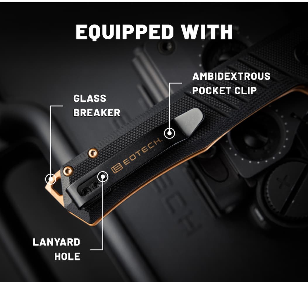 F1 x EOTECH pocket clip, glass breaker, and lanyard hole close-up