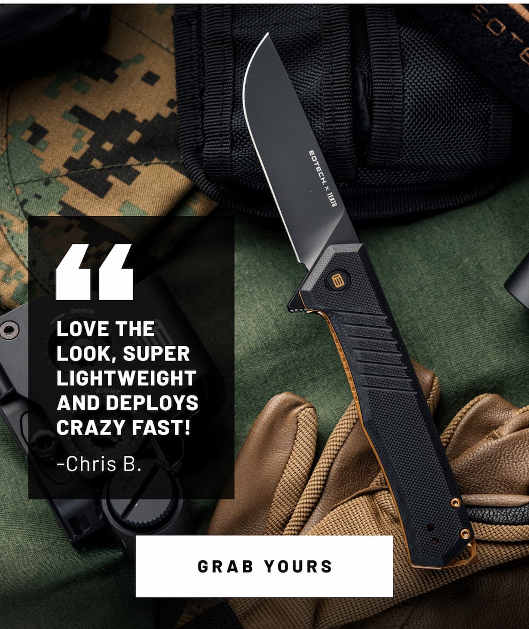 F1 x EOTECH folding knife with tactical background and customer review.