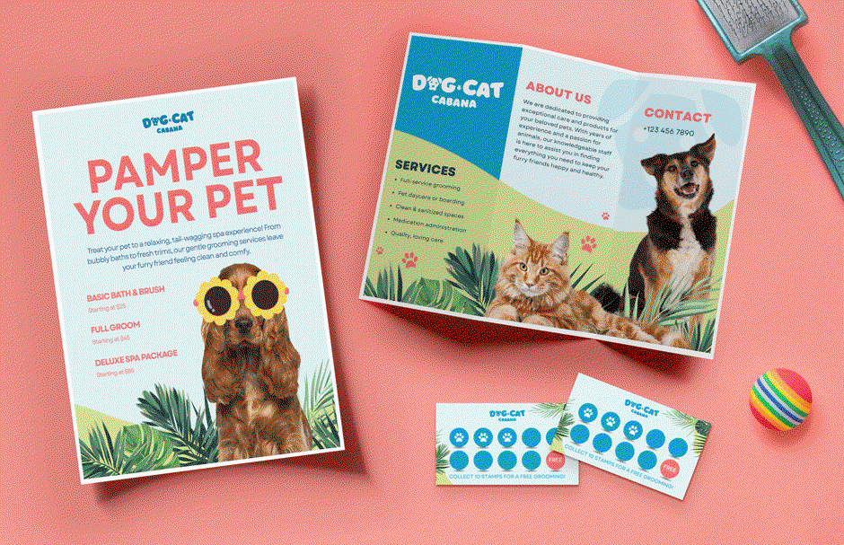 A GIF showcases a custom document, brochure, and two loyalty cards. A cat paw nudges one of the loyalty cards.