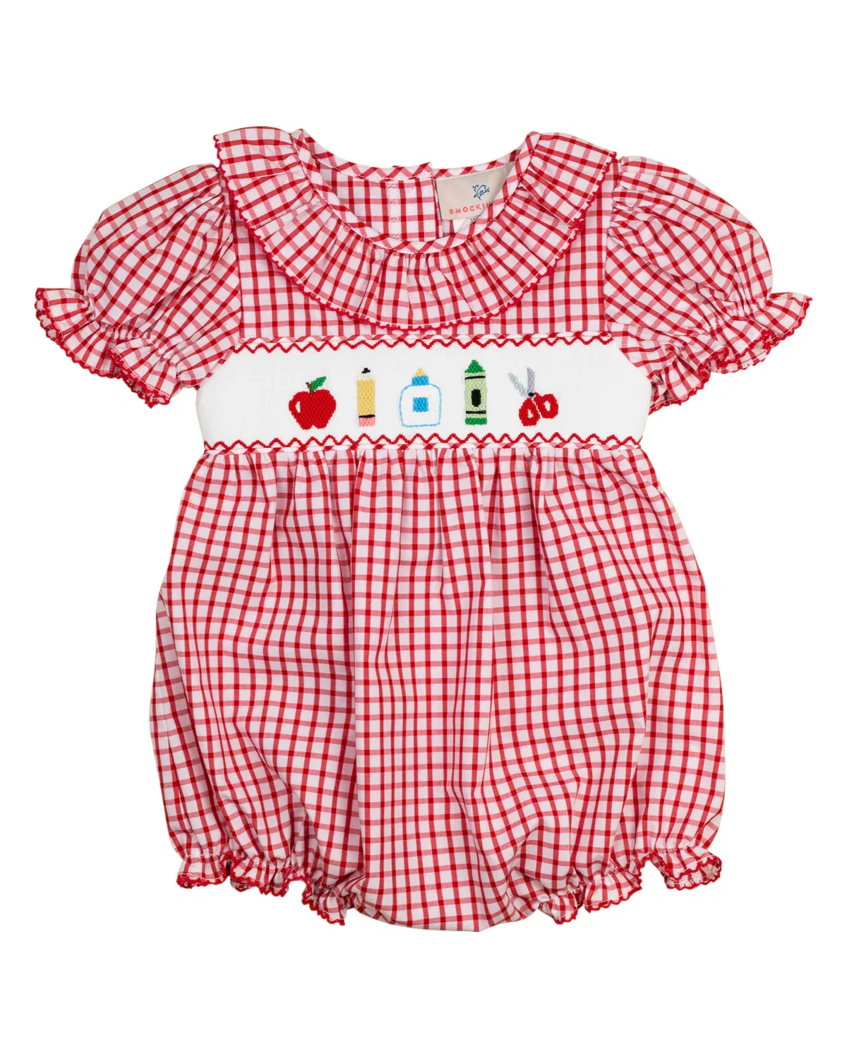 Image of School Supplies Smocked Red Windowpane Girl Bubble