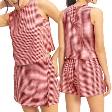 Womens Gingham 2 Piece Outfits Sleeveless Round Neck Top and Shorts Set Casual Summer Plaid Matching Tracksuit