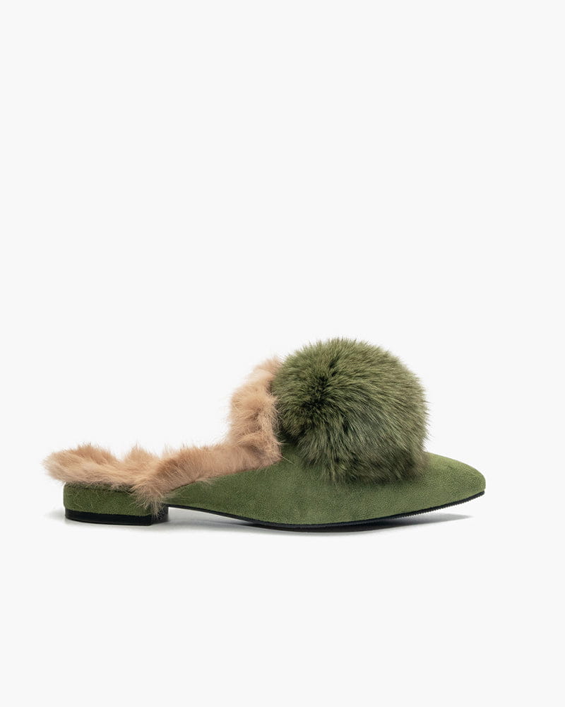 (Clean Up) Suede Pointed Toe Backless Pompom Slippers Mules