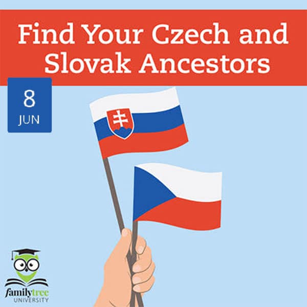 A hand holds the flags of Slovakia and the Czech Republic. Text above reads "Find Your Czech and Slovak Ancestors," with "8 JUN" and a Family Tree University logo at the bottom.