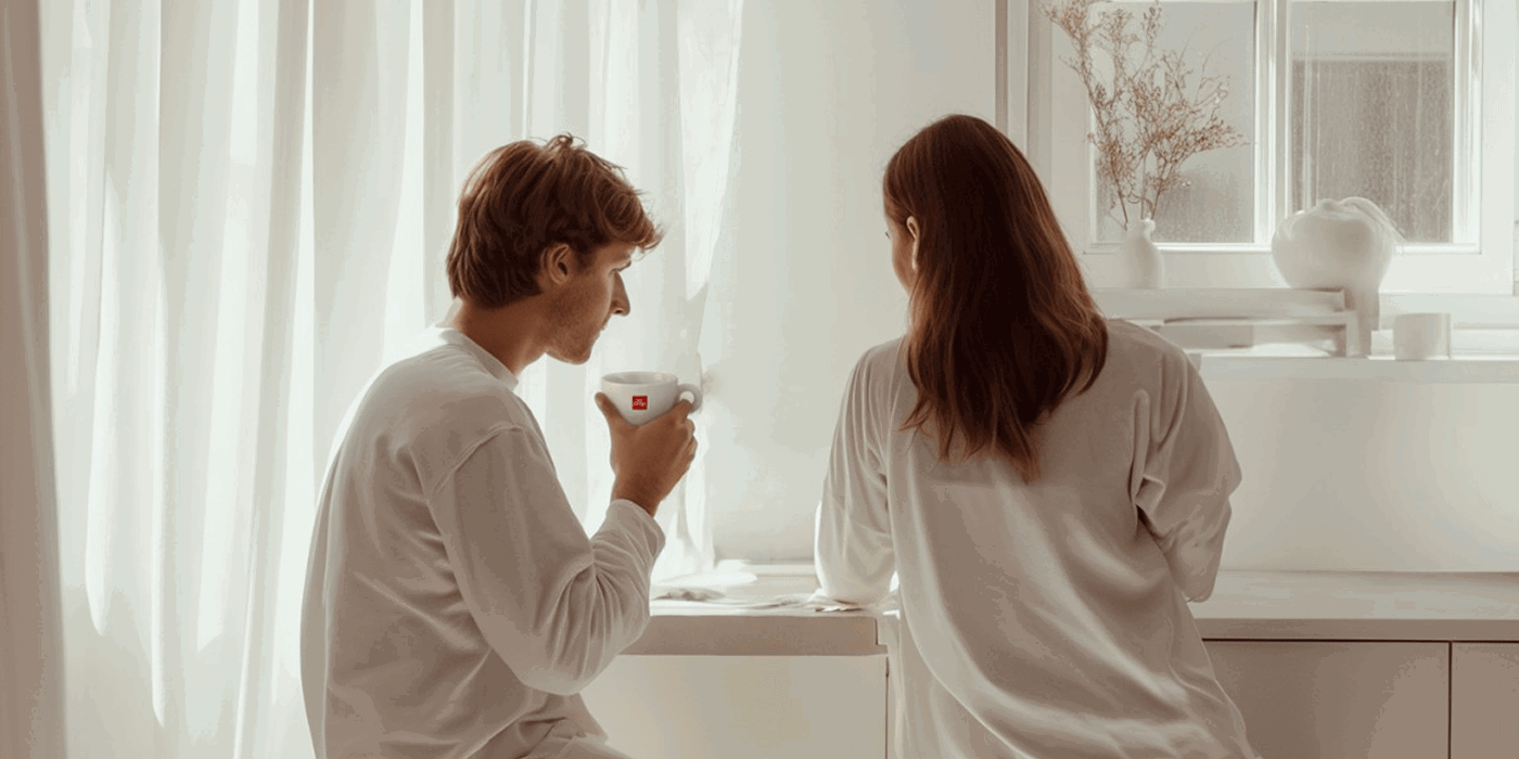 Two people enjoying coffee together in a bright, sunlit kitchen