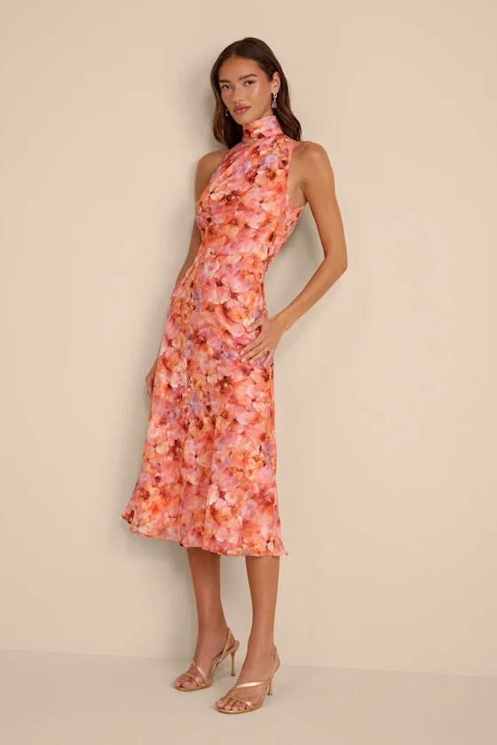 Image of Ivanna Orange Multi Floral Jacquard Midi Dress