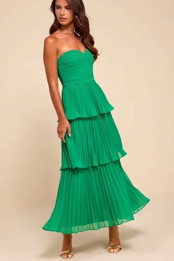 Image of Seriously Sensational Green Strapless Tiered Midi Dress