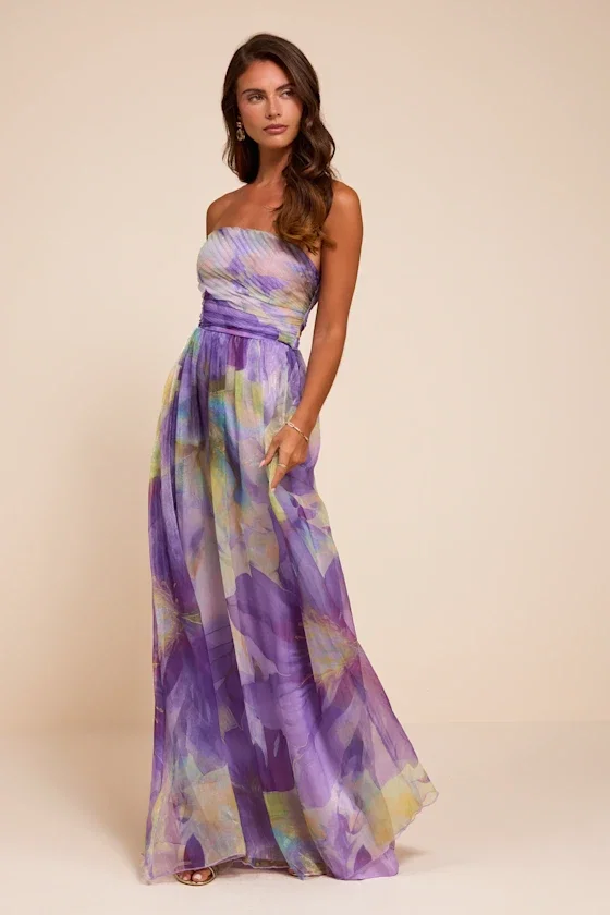 Image of Galilea Purple Multi Floral Strapless Maxi Dress