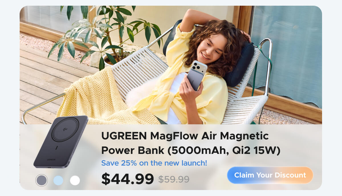 UGREEN MagFlow Air Magnetic Power Bank (5000mAh, Qi2 15W)