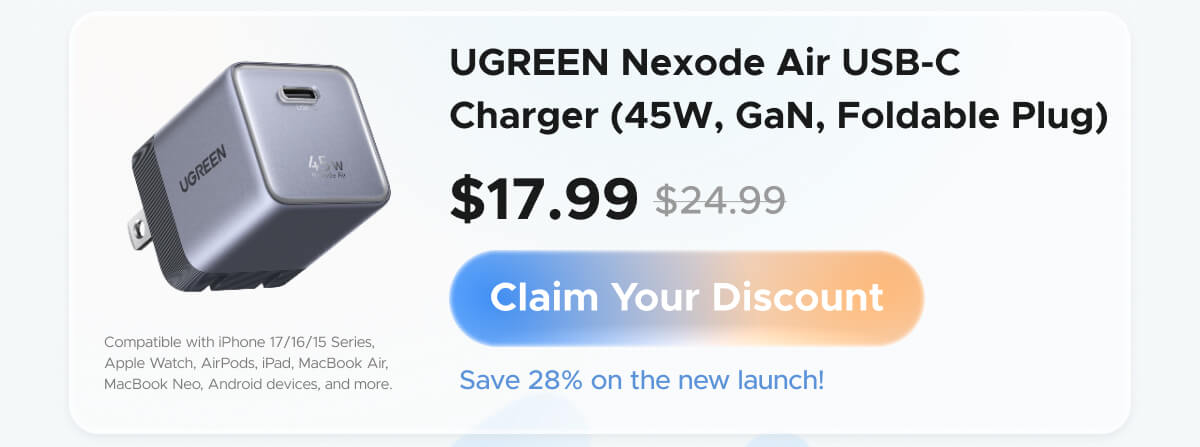 UGREEN Nexode Air USB-C Charger (45W, GaN, Foldable Plug)