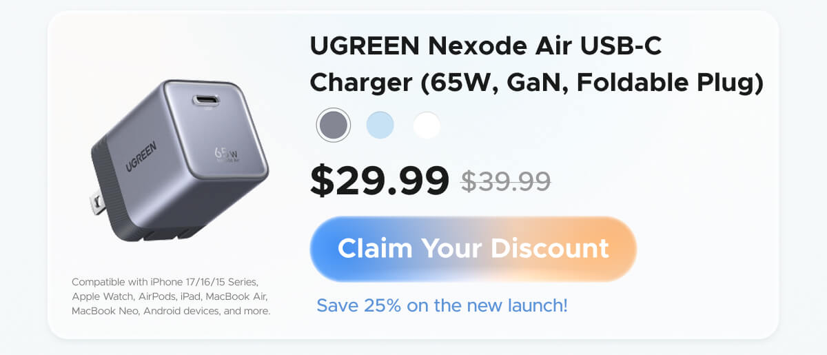 UGREEN Nexode Air USB-C Charger (65W, GaN, Foldable Plug) 