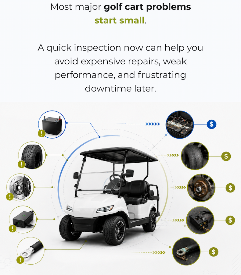 Most major golf cart problems start small.  A quick inspection now can help you avoid expensive repairs, weak performance, and frustrating downtime later.