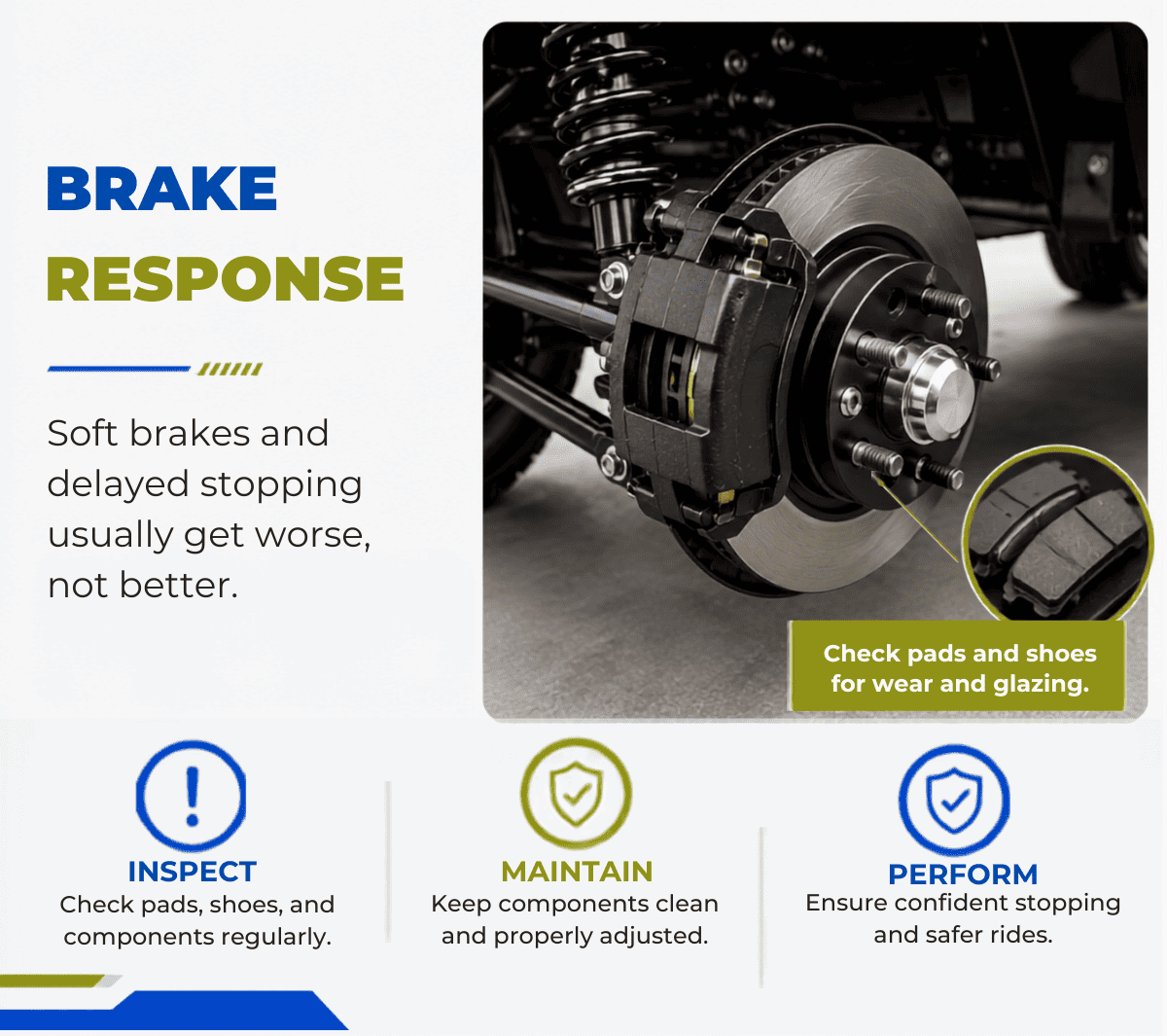 Brake response  - Soft brakes and delayed stopping usually get worse, not better.