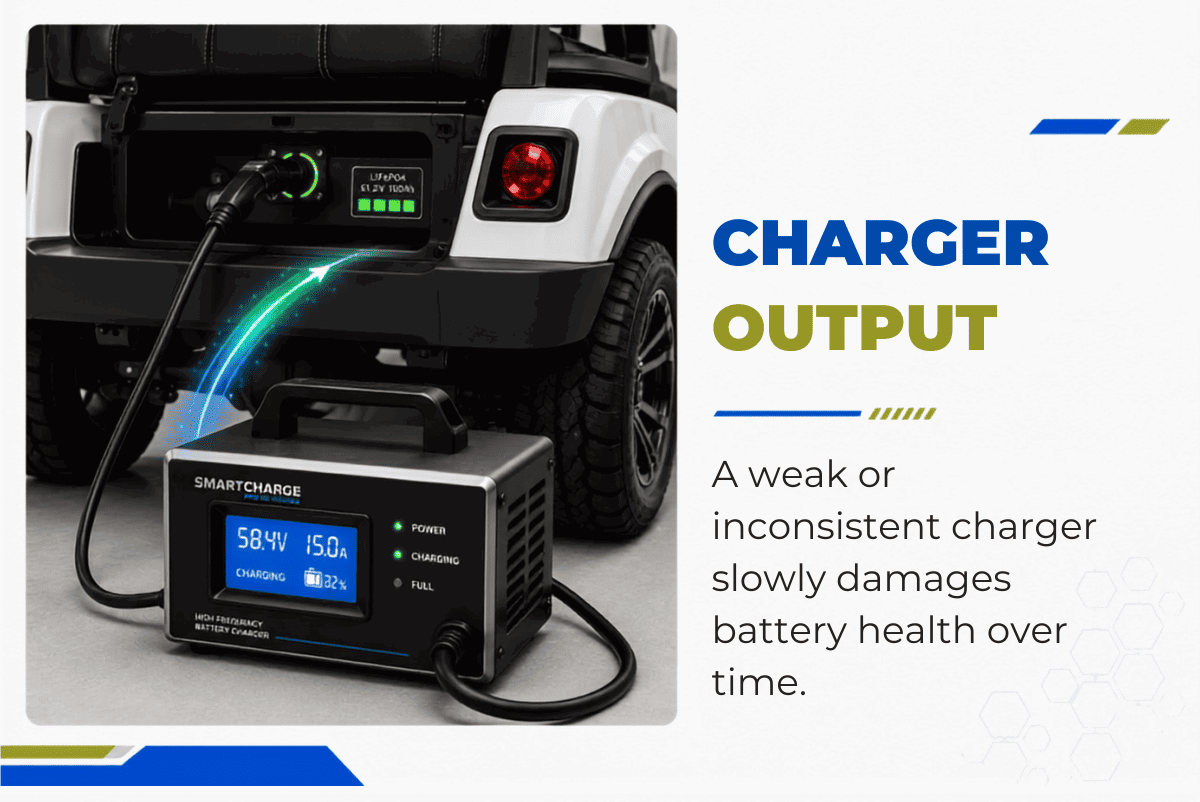 Charger output  - A weak or inconsistent charger slowly damages battery health over time.