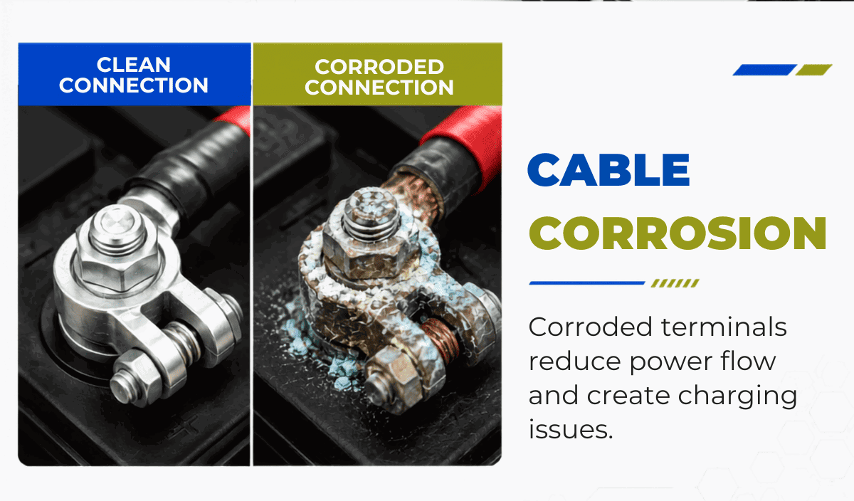 Cable corrosion -  Corroded terminals reduce power flow and create charging issues.