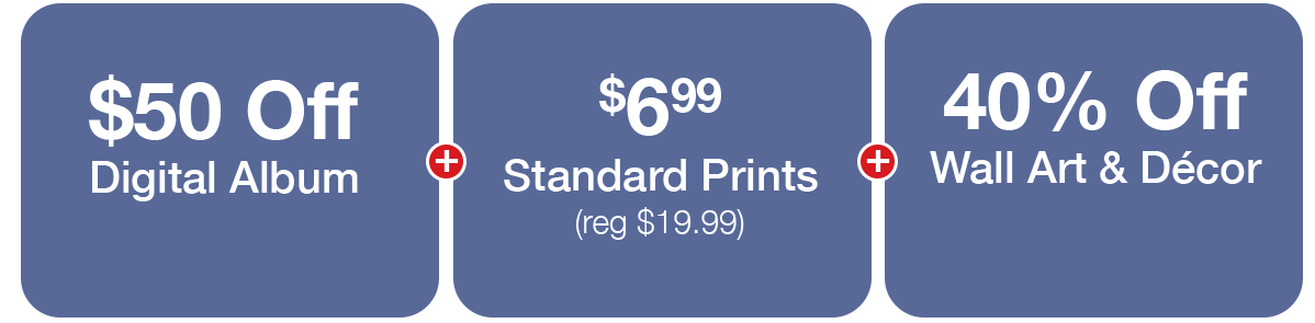 More Session Deals! $50 OFF digital album, $6.99 standard prints, 40% Off Wall art and decor.