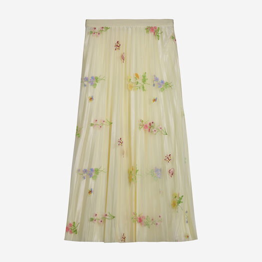 Yellow Floral Mesh Over Pleats Maxi Skirt