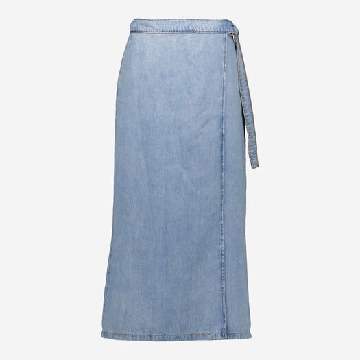 Blue Belted Denim Wrap Maxi Skirt 