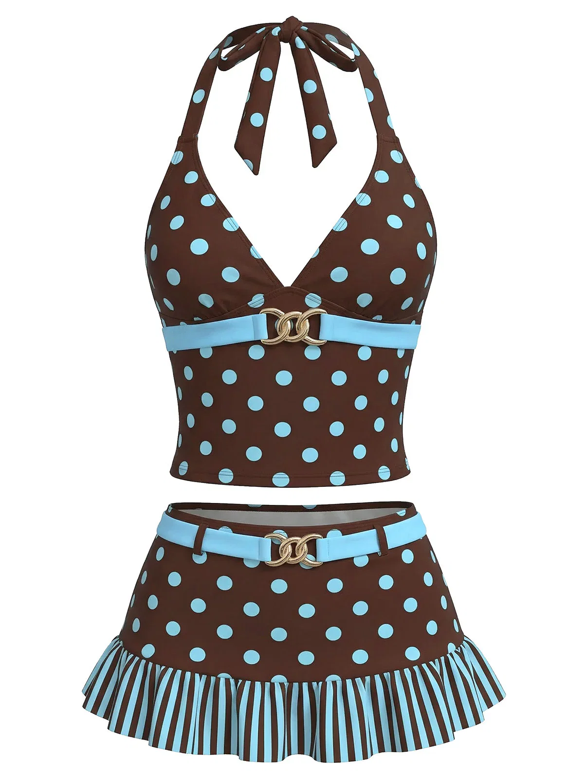 Dark Brown 1950s Polka Dot Tankini Set