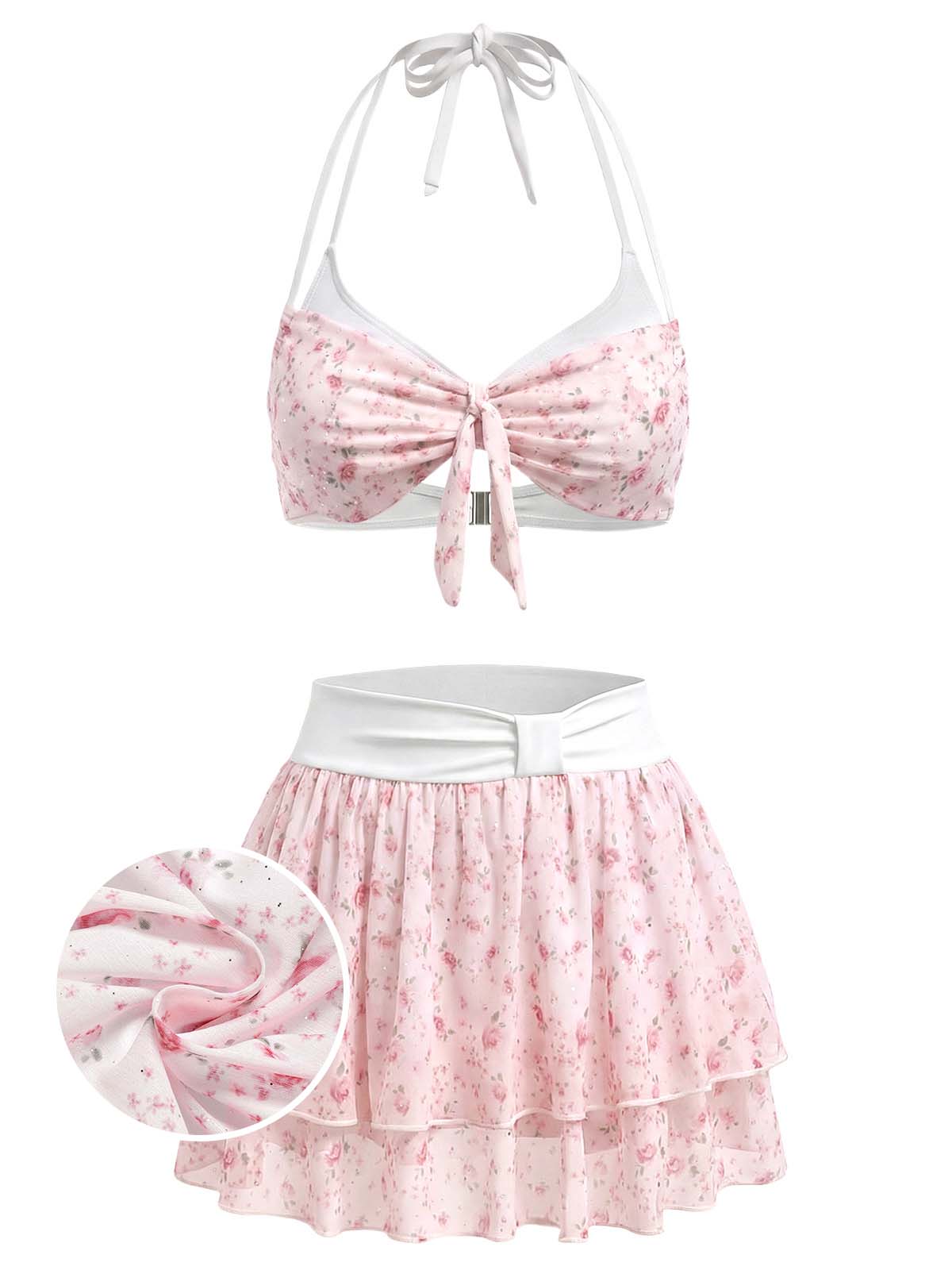 Pink 1950s Ditsy Floral Ruffle Halter Chiffon Bikini Set
