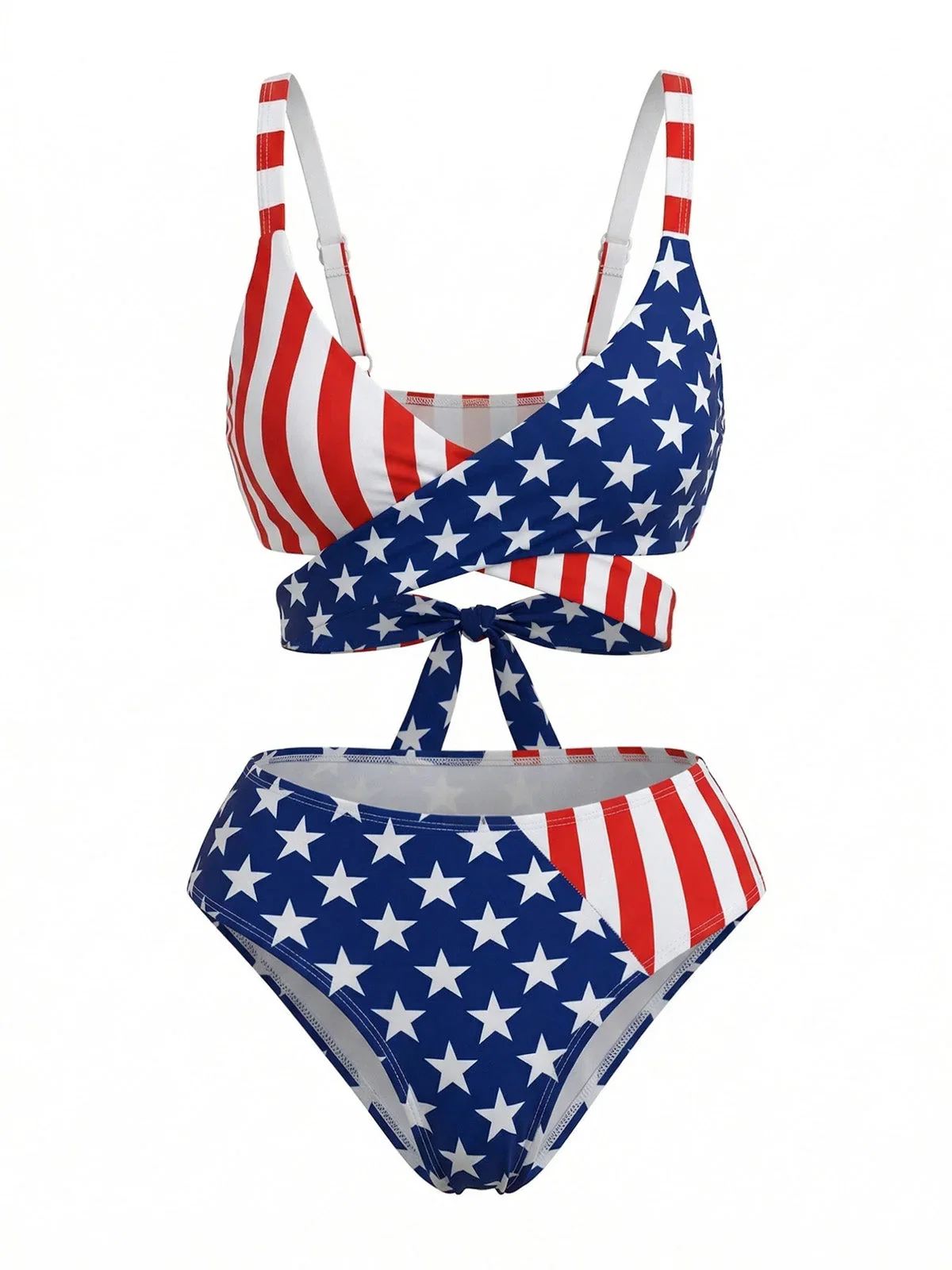 Blue & Red 1960s Stripe Star Print Bikini Set