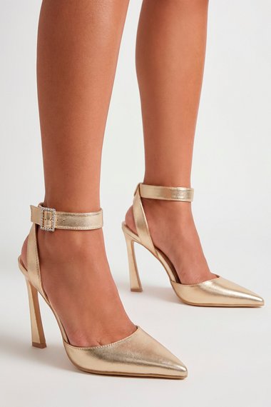 Gold Faux Leather Embellished Buckle High Flared Stiletto Court Shoes