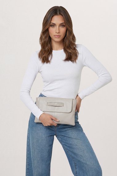 Grey Oversized Faux Leather Look Clutch Bag with Handle