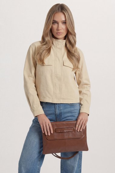 Chocolate Oversized Faux Leather Look Clutch Bag with Handle