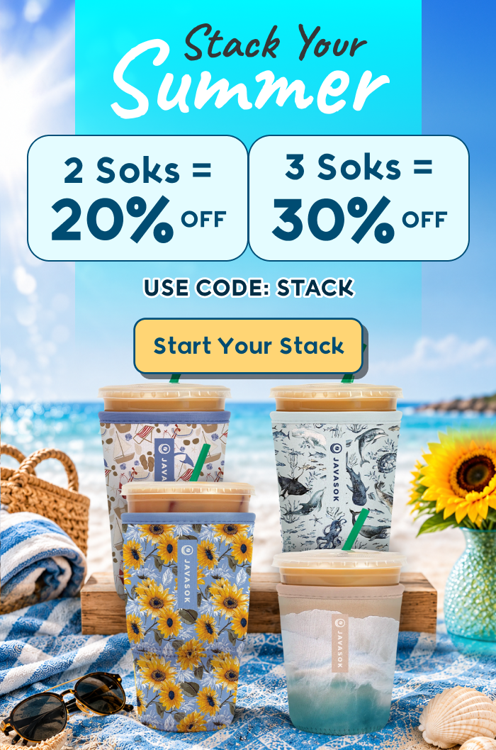 Summer beach sale with reusable Soks cups and stackable discount offer.
