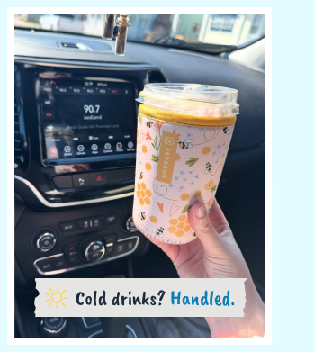 Floral reusable cup sleeve for cold drinks on the go.