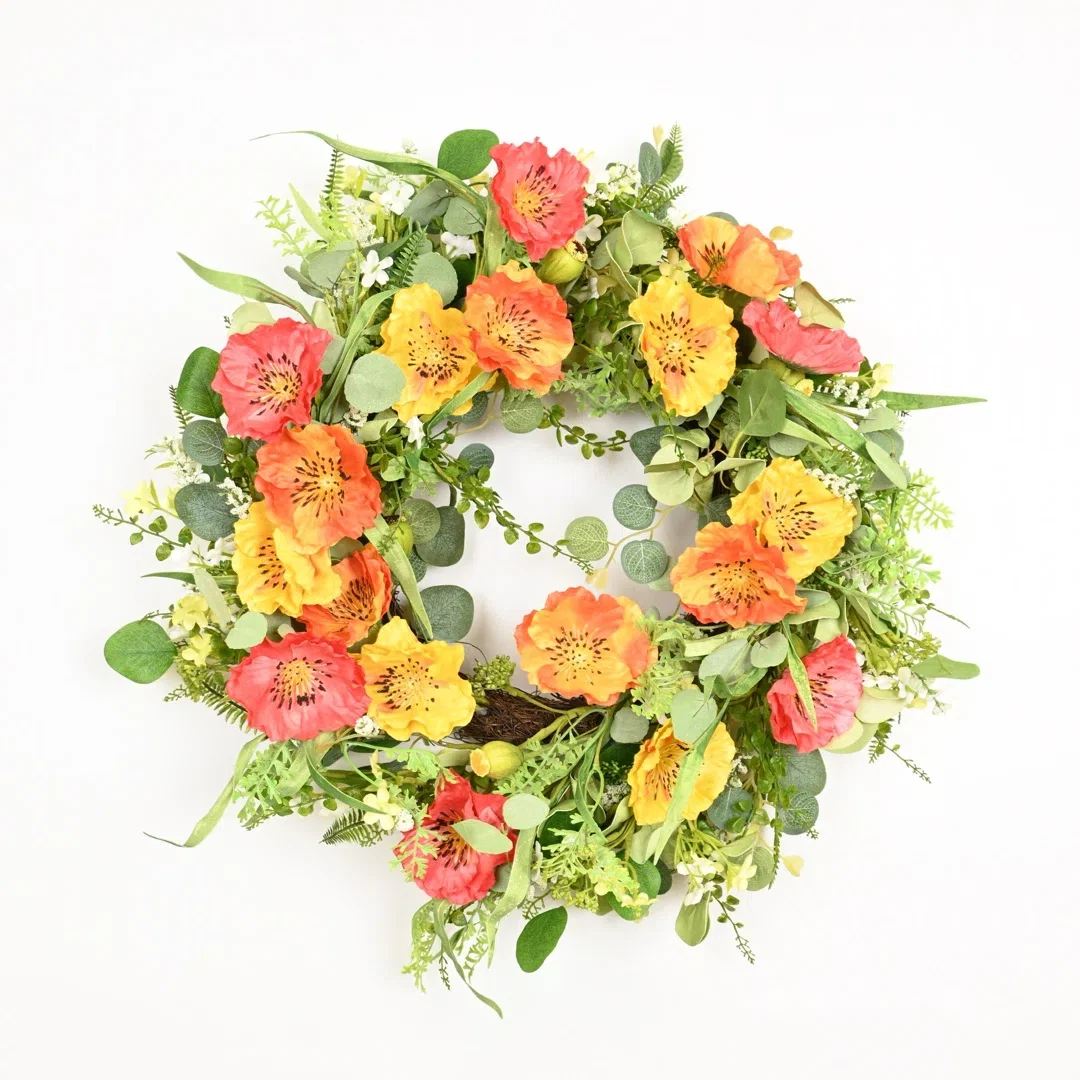 Artificial Farmhouse Blossoms Cluster Greenery Eucalyptus Berry Corn Poppy Floral Spring Summer Wreath For Front Door